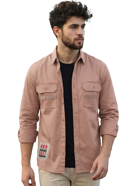 Bewakoof MenS Typography Regular Fit Full Sleeve Collar Twill Shacket_1004075_Brown_Xl