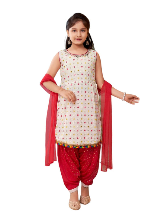 Aarika Girls Ethnic Wear White Colour Thread Mirror Embroidery With Lace Border Georgette Kurti Patiala Set (4-10 Years)