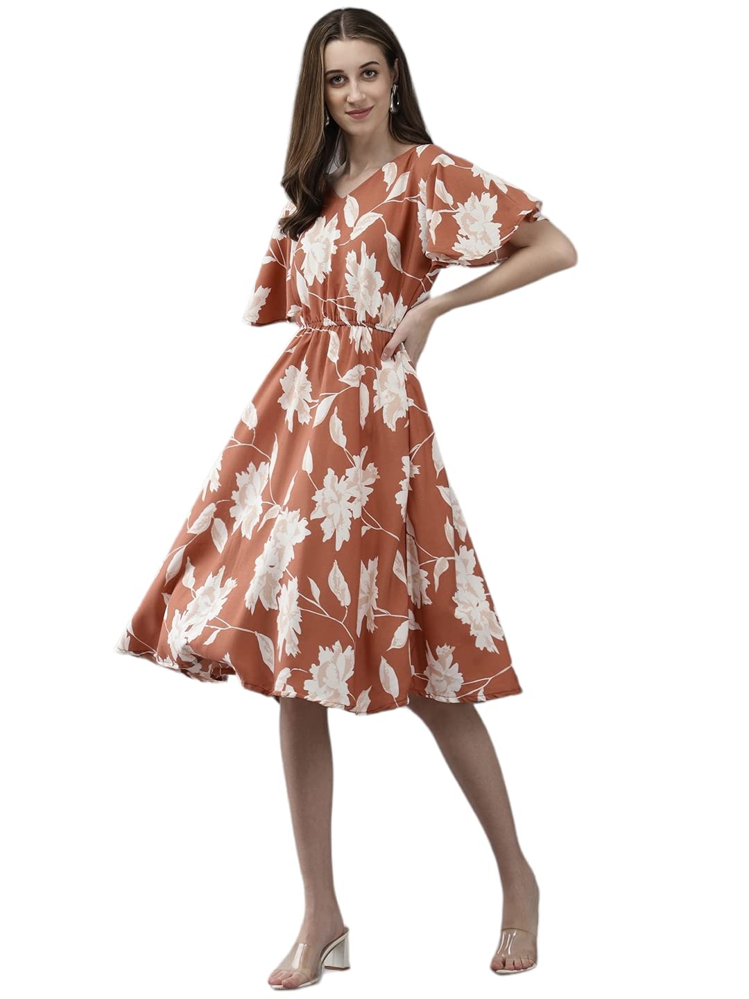 Aarika Womens Brown Color Polycrep Floral Dress (DR-AW-055-BROWN-L)
