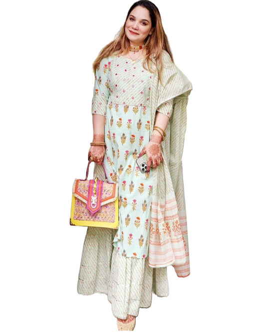ANNI DESIGNER Women's Cotton Blend Straight Printed Kurta with Sharara & Dupatta