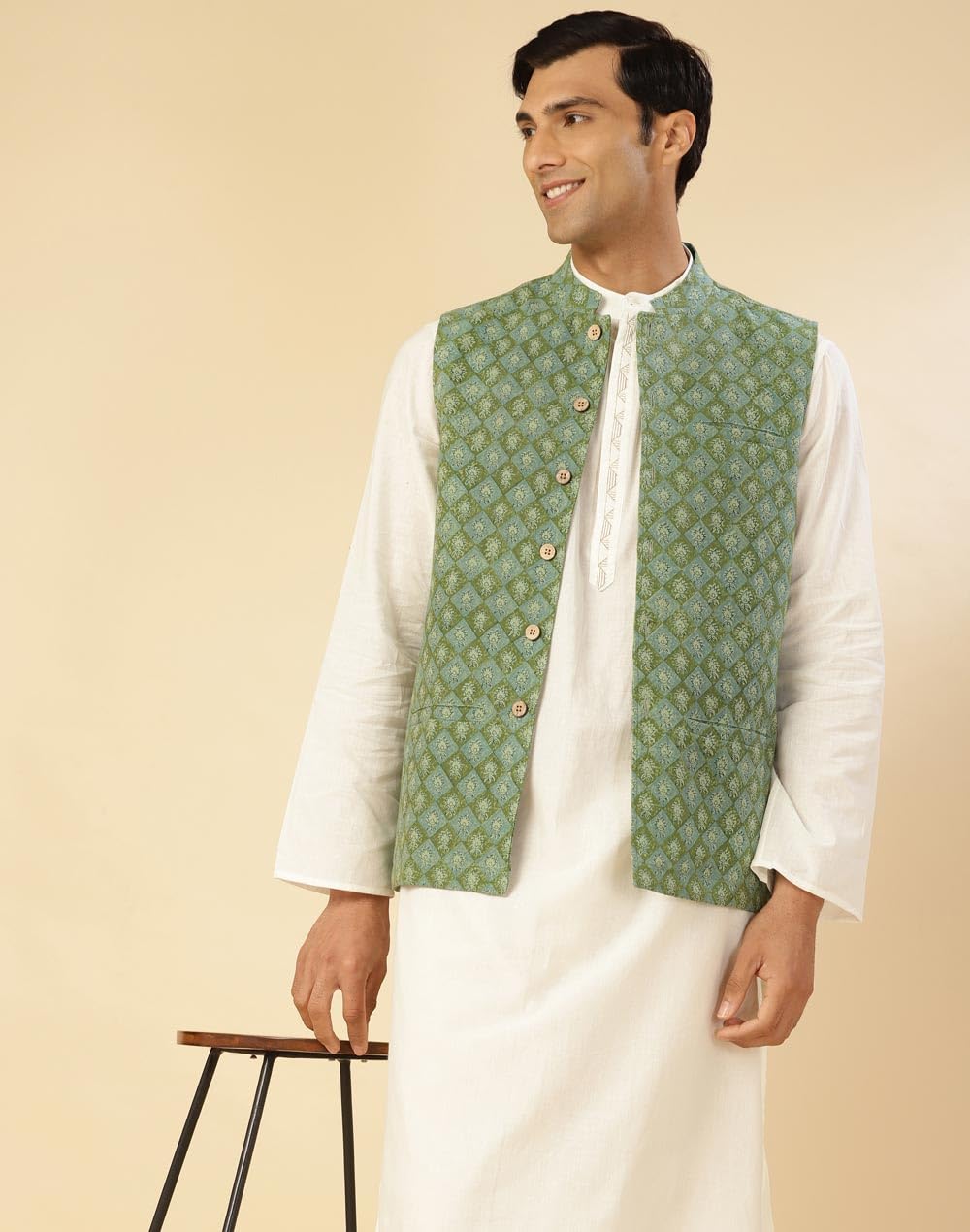 Fabindia Men's Green Cotton Hand Block Printed Jacket Nehru (1033115GREEN