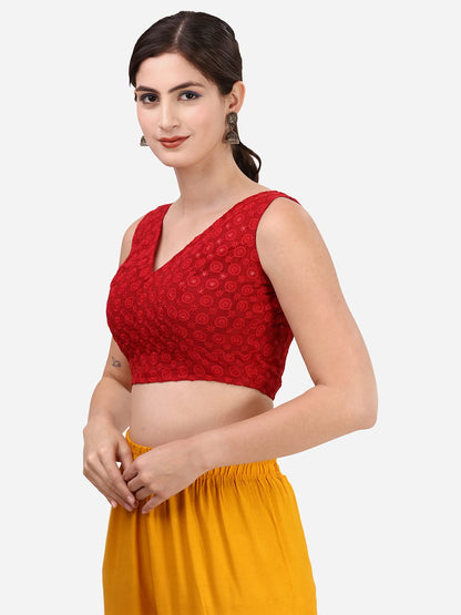 OOMPH! Womens Indian Ethnic Wear Designer Leaf Pattern V Neck Sleeveless Cotton Red Blouse for Saree or Lehnga and BlousePalazz
