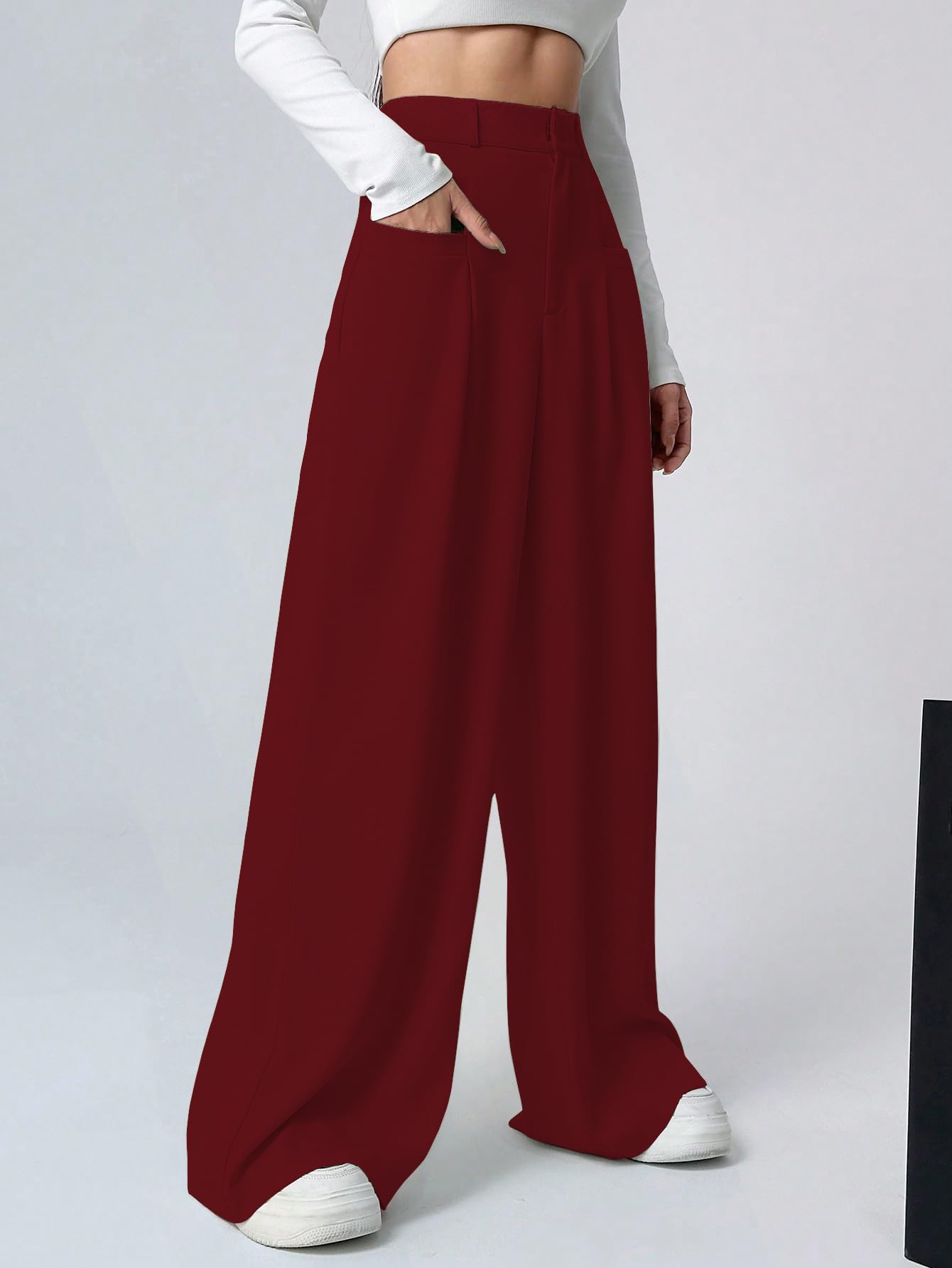 Shasmi Women & Girls Solid Maroon Color Loose Fit, Pleated Trousers, Wide Leg Pocket Casual Long Korean Trousers Pant (Pant 146