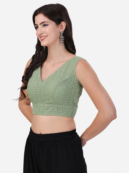 OOMPH! Womens Indian Ethnic Wear Designer Square Leaf Pattern V Neck Sleeveless Cotton Pista Blouse for Saree or Lehnga and Blo