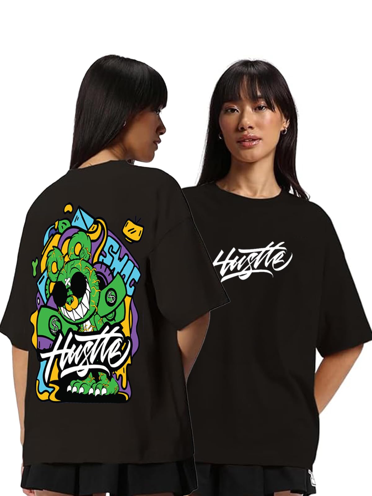 Veirdo Womens Cotton Oversize Fit Drop Shoulder Round Neck Short Sleeve Graphic Hustle Back Printed T-Shirt
