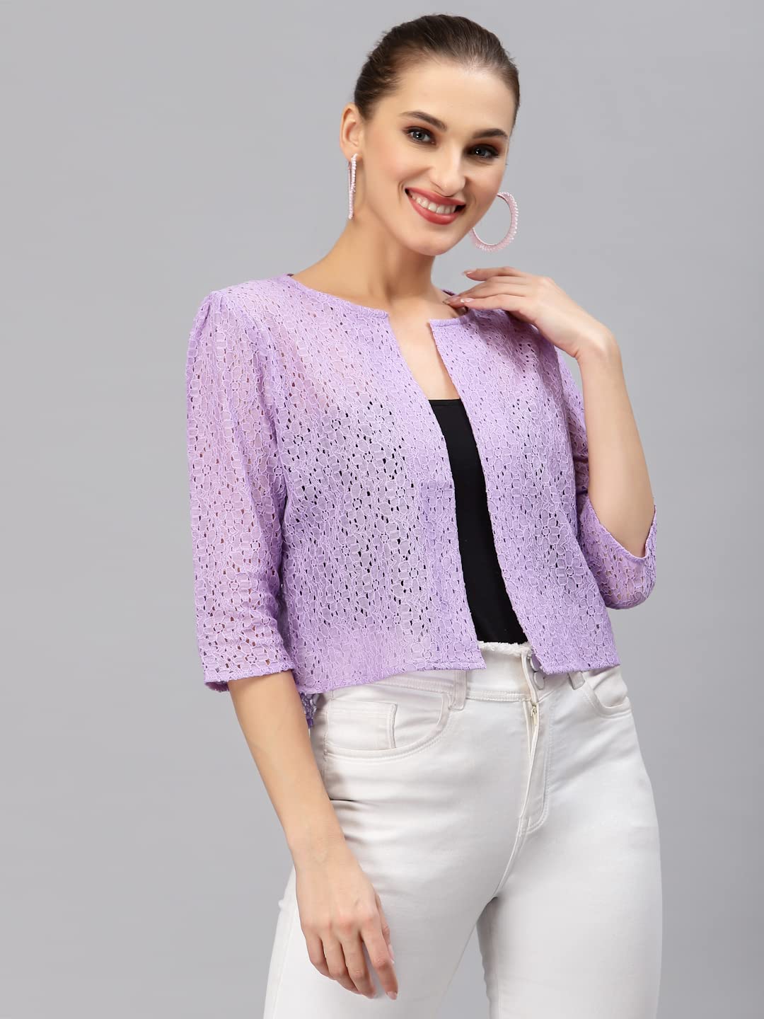 Style Quotient Women Lilac Self Design Floral lace Regular Open Front Shrug