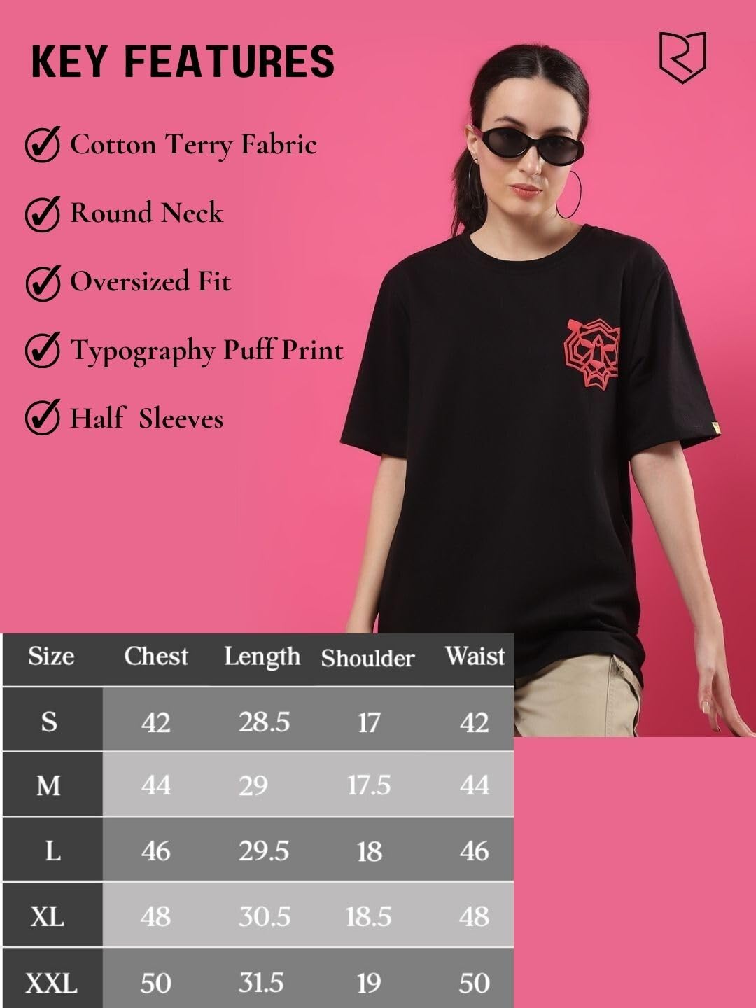 Rigo Terry Printed Oversized T-Shirt for Women | Drop Shoulder, Half Sleeves T-Shirt for Women | Oversized Baggy Fit T-Shirt for