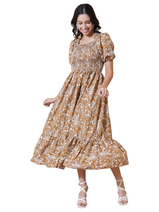 KZULLY | Elegance: Smocked A-line Midi Dress - Superior Comfort & Chic Style Mustard