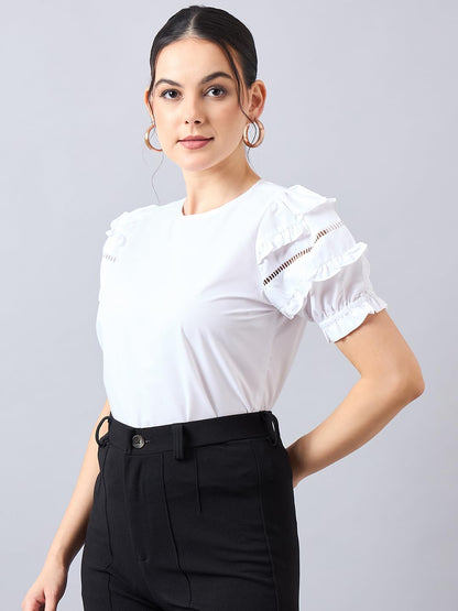 Style Quotient Women Solid White Polycotton Regular Fit Smart Casual Top