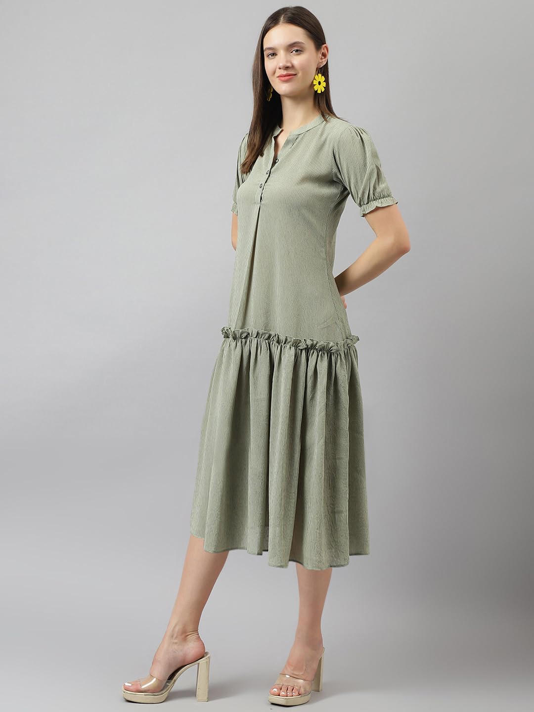 Toochki WomenS Olive Green Georgette Stripe Fit & Flared Western Dress | Dress For Women | A Line Dress | Winter Dress | Wester