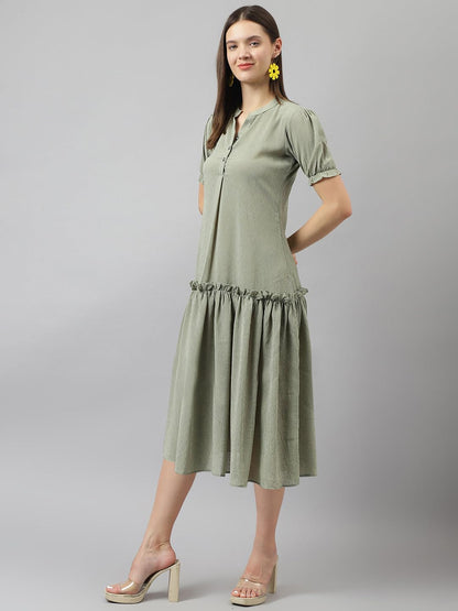 Toochki WomenS Olive Green Georgette Stripe Fit & Flared Western Dress | Dress For Women | A Line Dress | Winter Dress | Wester