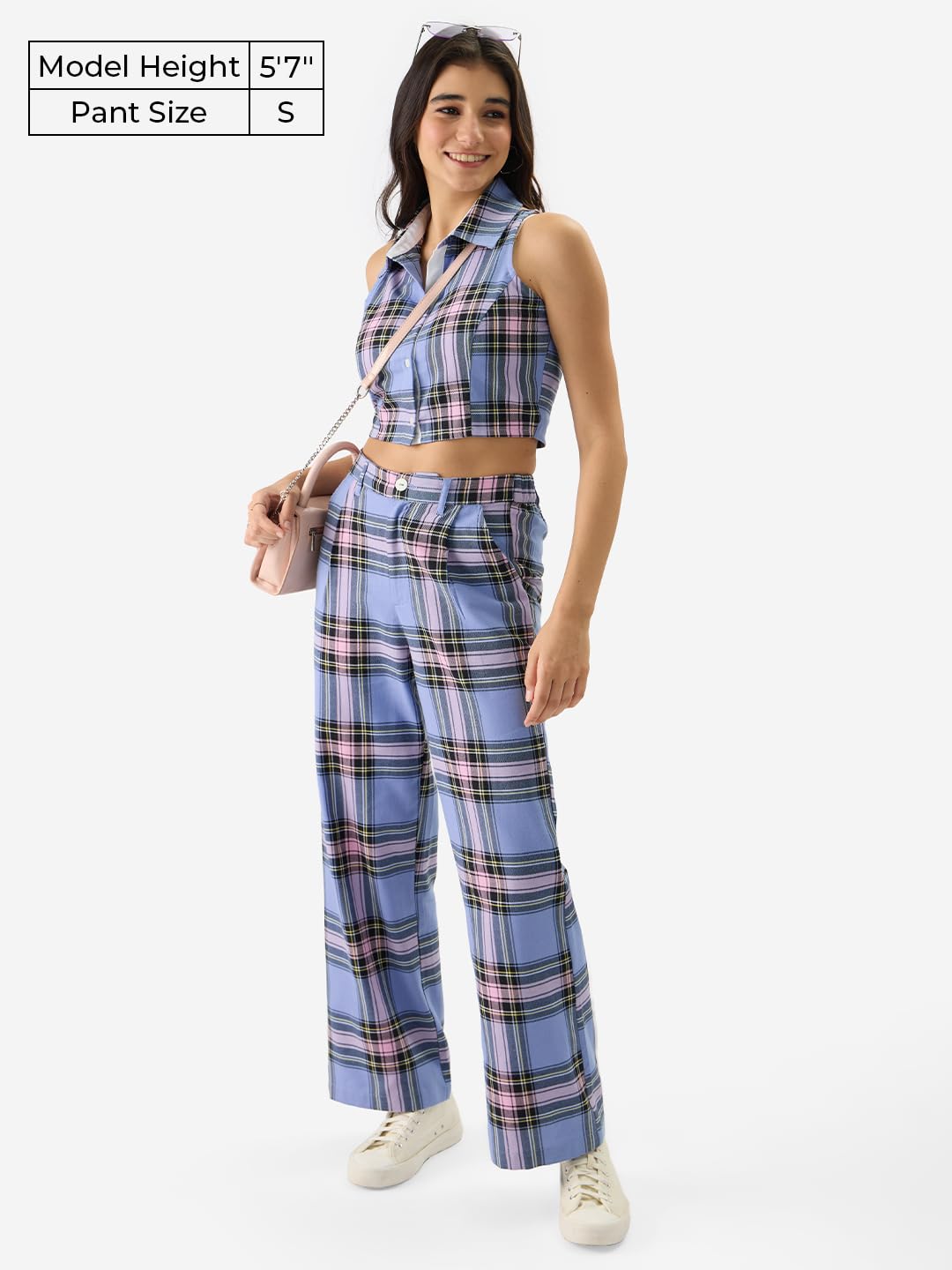 The Souled Store Lilac Blossom Women and Girls Straight Fit High Rise Cotton Checkered Pants