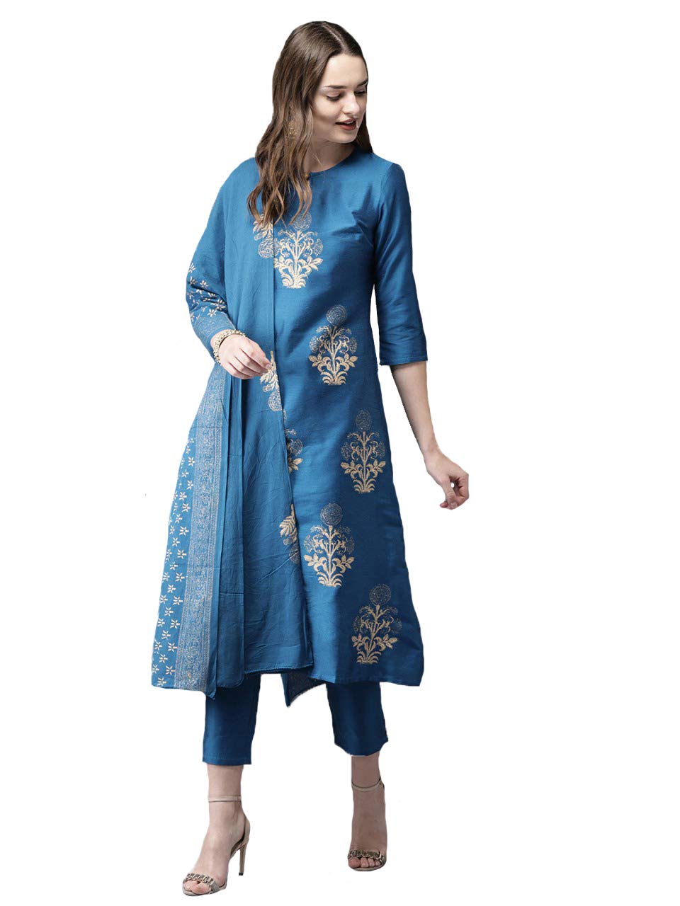 GoSriKi Magenta Floral Print Kurta with Trousers & Dupatta (Graci Magenta)