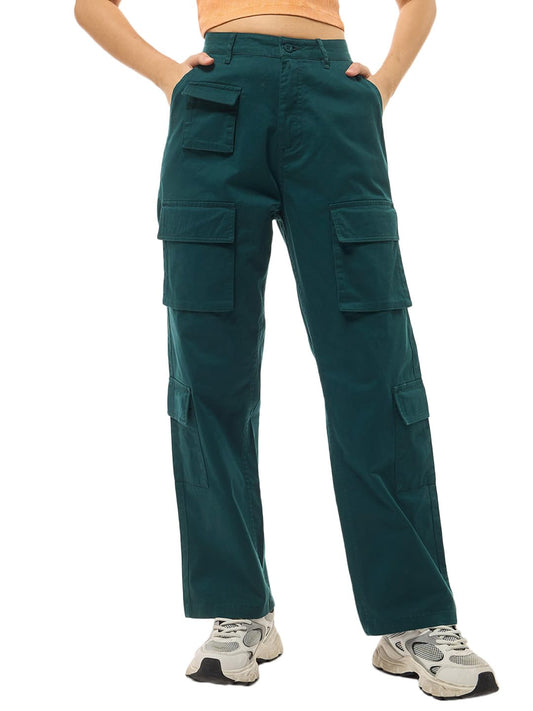 Bewakoof Womens Solid Oversized Fit Cotton Elastane Cargo Casual Pants_628281_Green_34