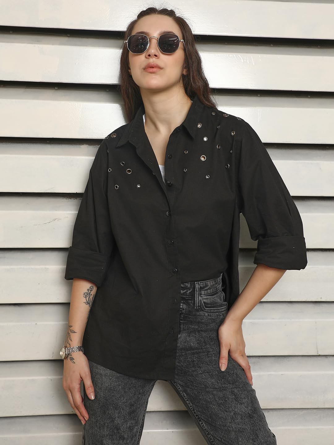 High Star Classic Spread Collar Oversized Cotton Casual Shirt Black