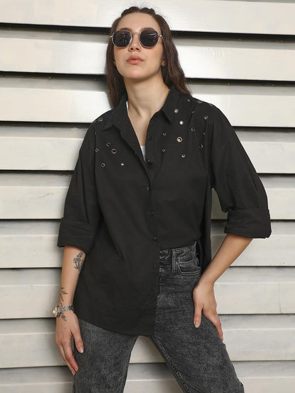 High Star Classic Spread Collar Oversized Cotton Casual Shirt Black