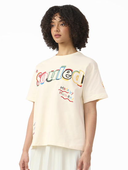 The Souled Store Souled Originals: Colour Blast Women and Girls Short Sleeves Round Neck Off White Embroidered Cotton Oversized