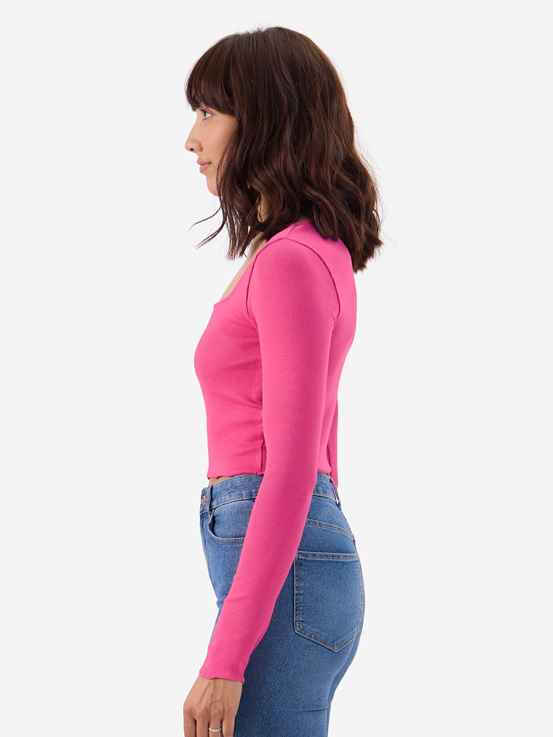 The Souled Store Hot-Pink Ribbed Top Women and Girls Square Neck Cotton Blend Full Sleeves Tops Womens T-Shirts Tops Tees Casua