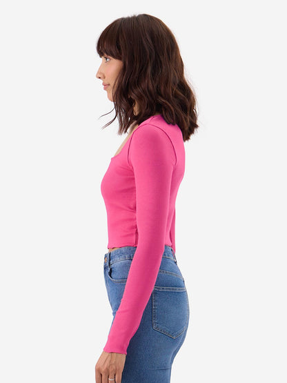 The Souled Store Hot-Pink Ribbed Top Women and Girls Square Neck Cotton Blend Full Sleeves Tops Womens T-Shirts Tops Tees Casua