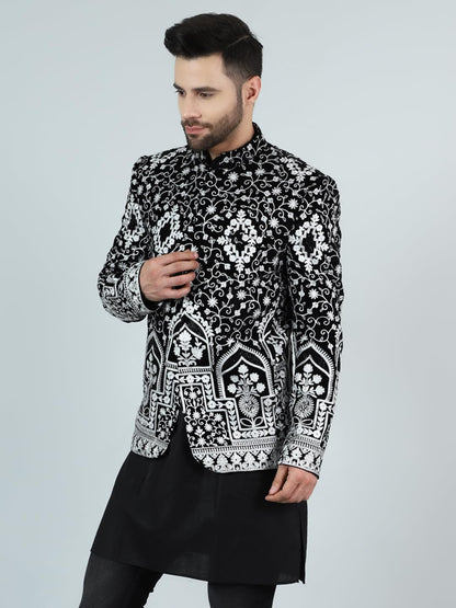 WINTAGE Mens Embroidered Velvet Black Bandhgala : blazer1573short