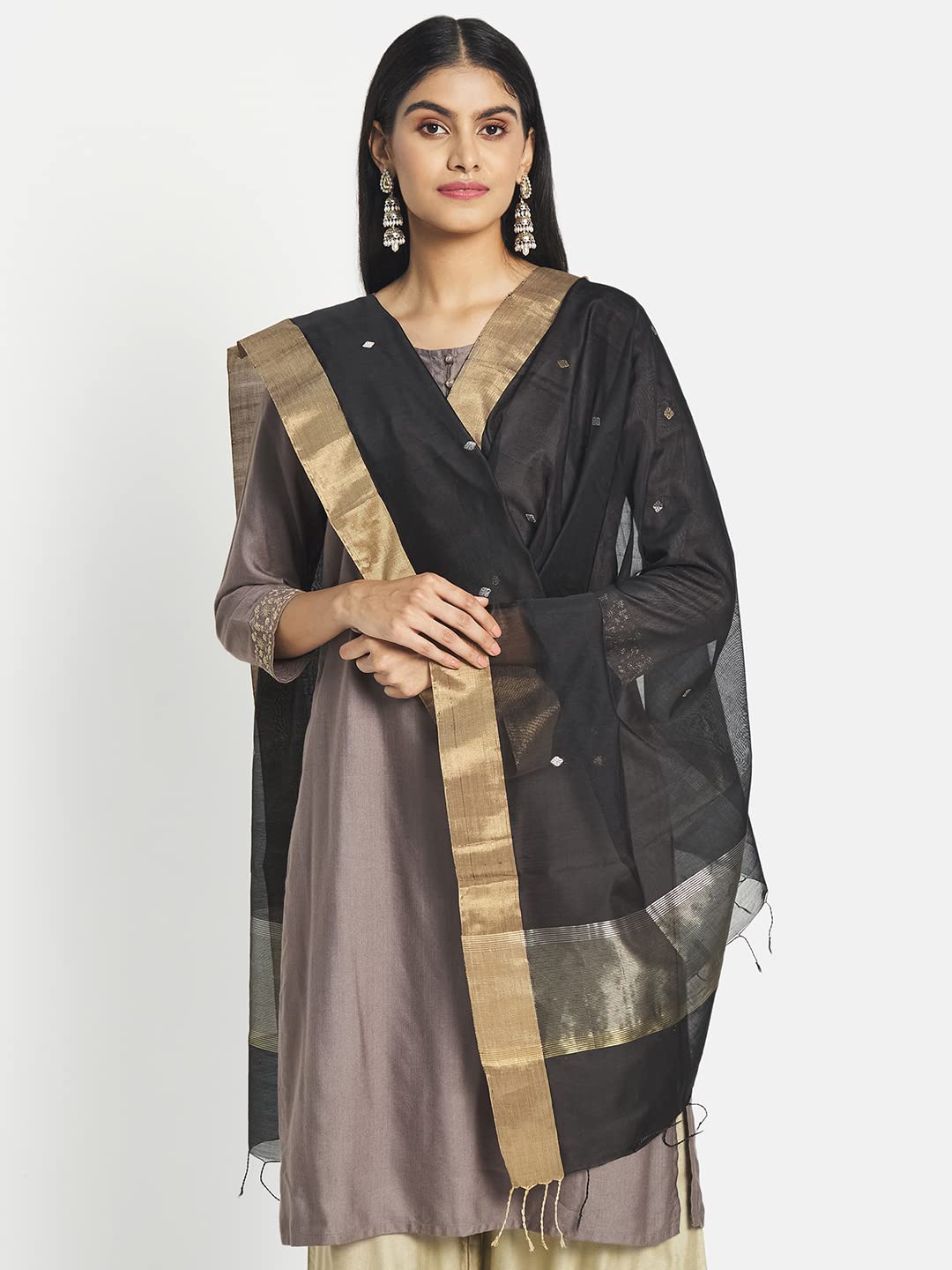 Fabindia Black Cotton Silk Chanderi Dupatta (Free Size)
