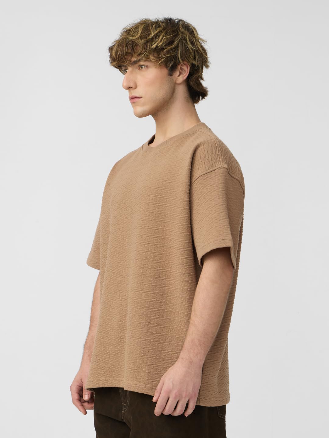The Souled Store Textured T-Shirt: Sand Men and Boys Short Sleeves Round Neck Solid Cotton Blend Oversized T-Shirts