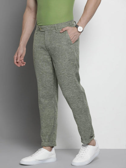 The Indian Garage Co Men Slim Fit Solid Mid-Rise Trousers Olive
