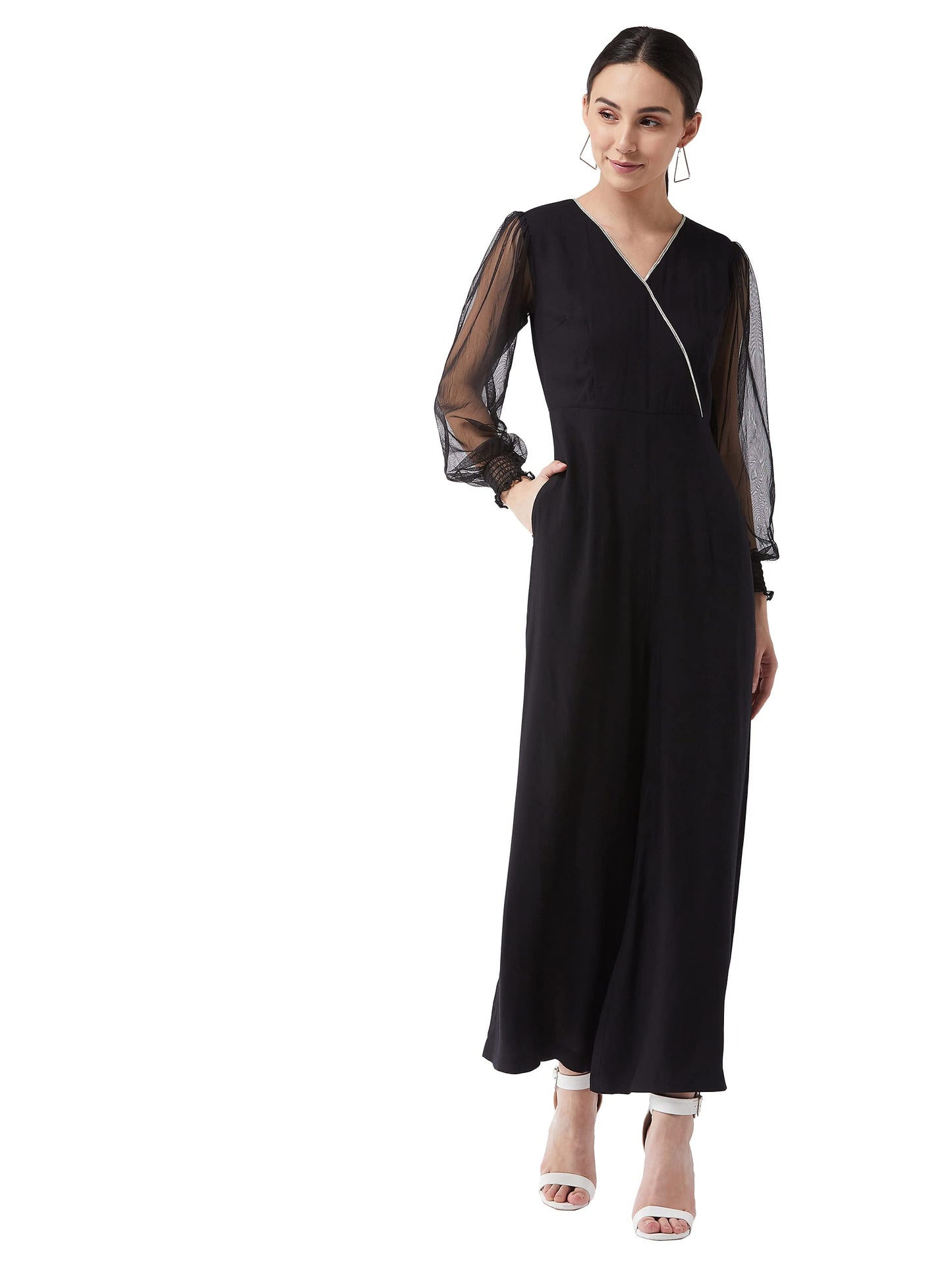 Miss Chase WomenS Black Solid Relaxed Fit Long Sleeve V-Neck Ankle-Length Straight Jumpsuit (Mcss21F01-12-62-06,Black,Xl)