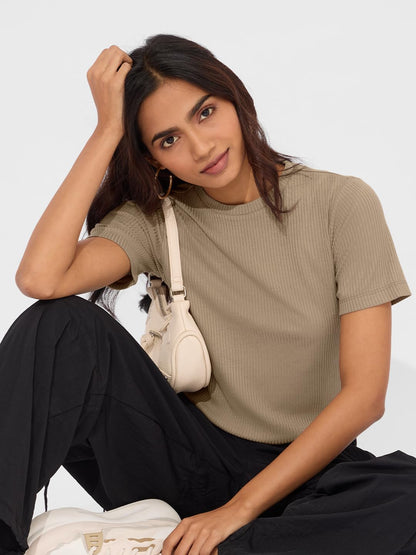 The Souled Store Solids: Classic Beige Women and Girls Short Sleeves Round Neck Polyester Blend Relaxed Fit T-Shirts