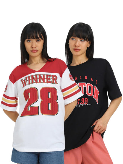 Juneberry 100% Pure Cotton Oversized Loose Baggy Fit Drop Shoulder Cool Graphic Prinred Half Sleeve T-Shirts For Women & Girls (