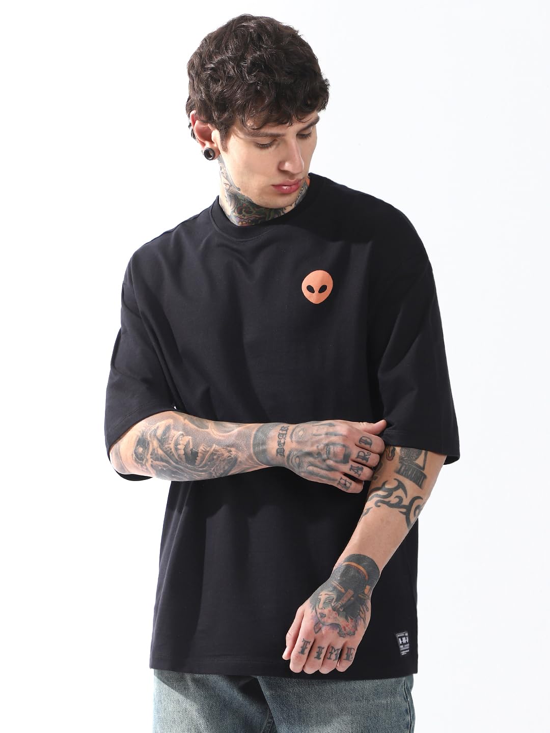 Hubberholme Men Cotton Terry Printed Oversized Round Neck Half Sleeves Tshirts 13 Black