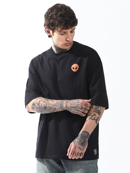 Hubberholme Men Cotton Terry Printed Oversized Round Neck Half Sleeves Tshirts 13 Black