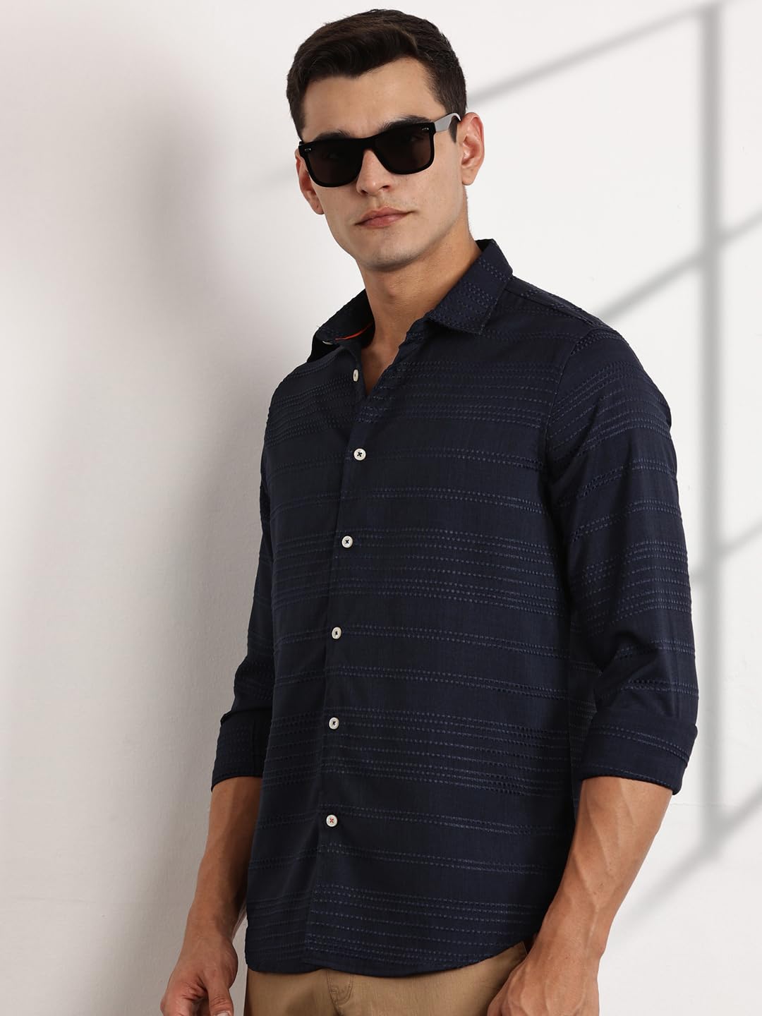 Thomas Scott Long Sleeve Embroderied Casual Shirt for Men Navy