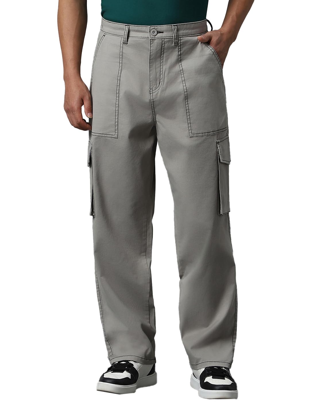 Bewakoof Mens Solid Baggy Oversized Loose Trousers_609842_Grey_28, Mid Rise