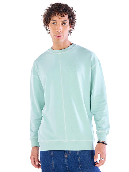 Bewakoof Mens Solid Oversized Fit Full Sleeve Round Neck Poly Cotton Sweatshirt_644605_Green_XL