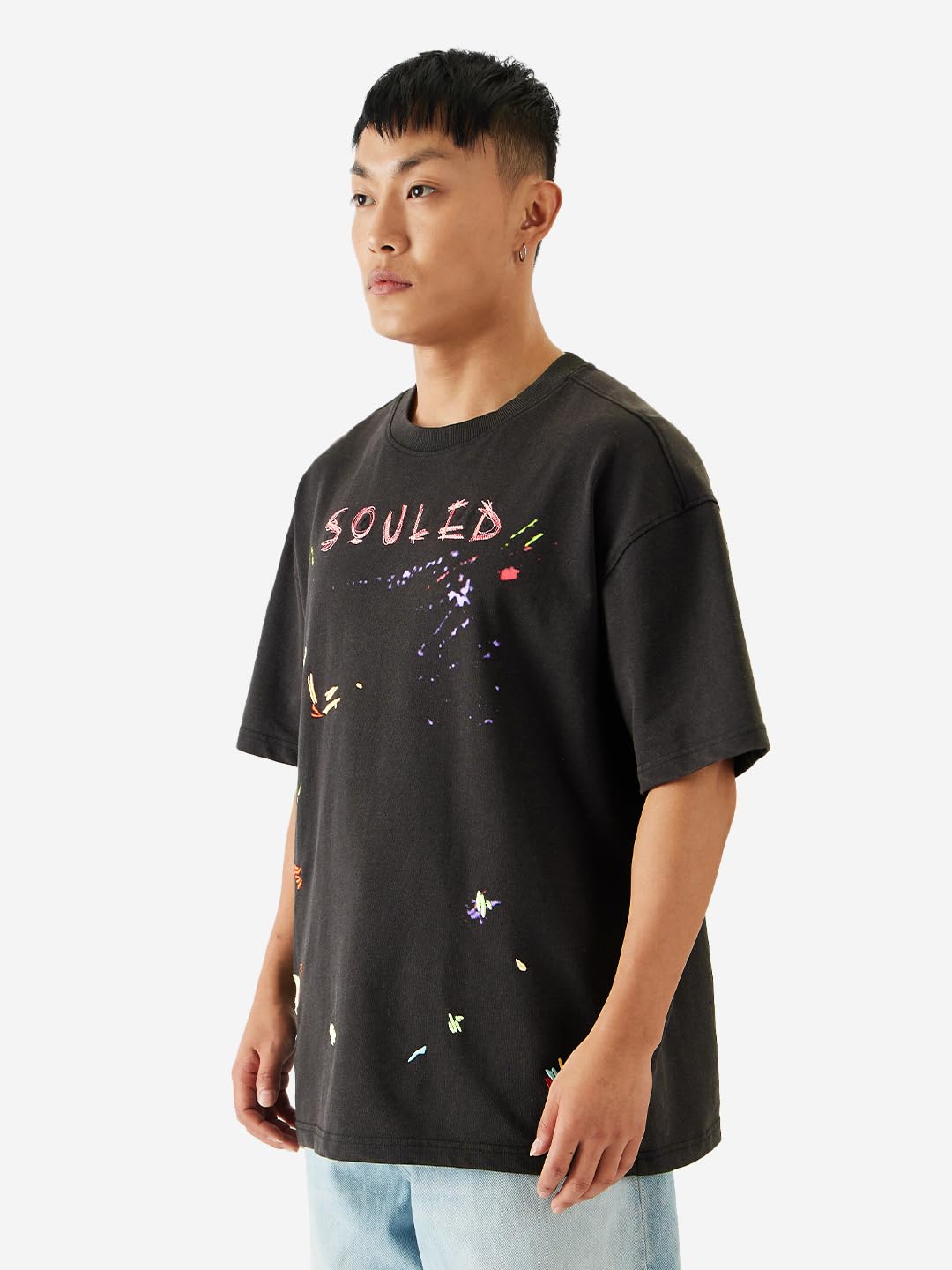 The Souled Store Painted Mr. Soul Men and Boys Short Sleeve Round Neck Black Graphic Printed Cotton Oversized T-Shirts