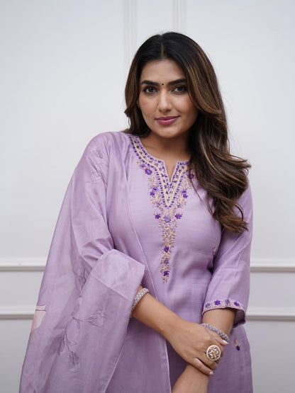 Naixa WomenS Purple Rayon Slub With Cotton Inner Embroidered Straight Kurta With Rayon Slub Pant And Chanderi Cotton Printed Du