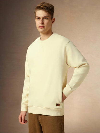 Dennis Lingo Men Off-White Solid Relaxed Fit Full Sleeve Mock Collar Sweatshirt