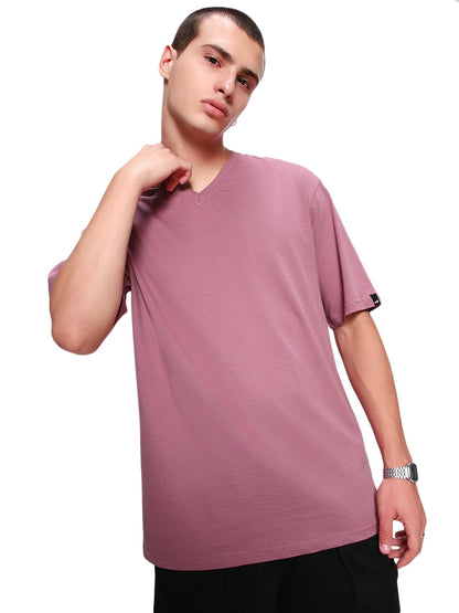 Bewakoof Mens Solid 100% Cotton T-Shirt Oversized Fit, V-Neck, Half Sleeve_580067_Purple_S