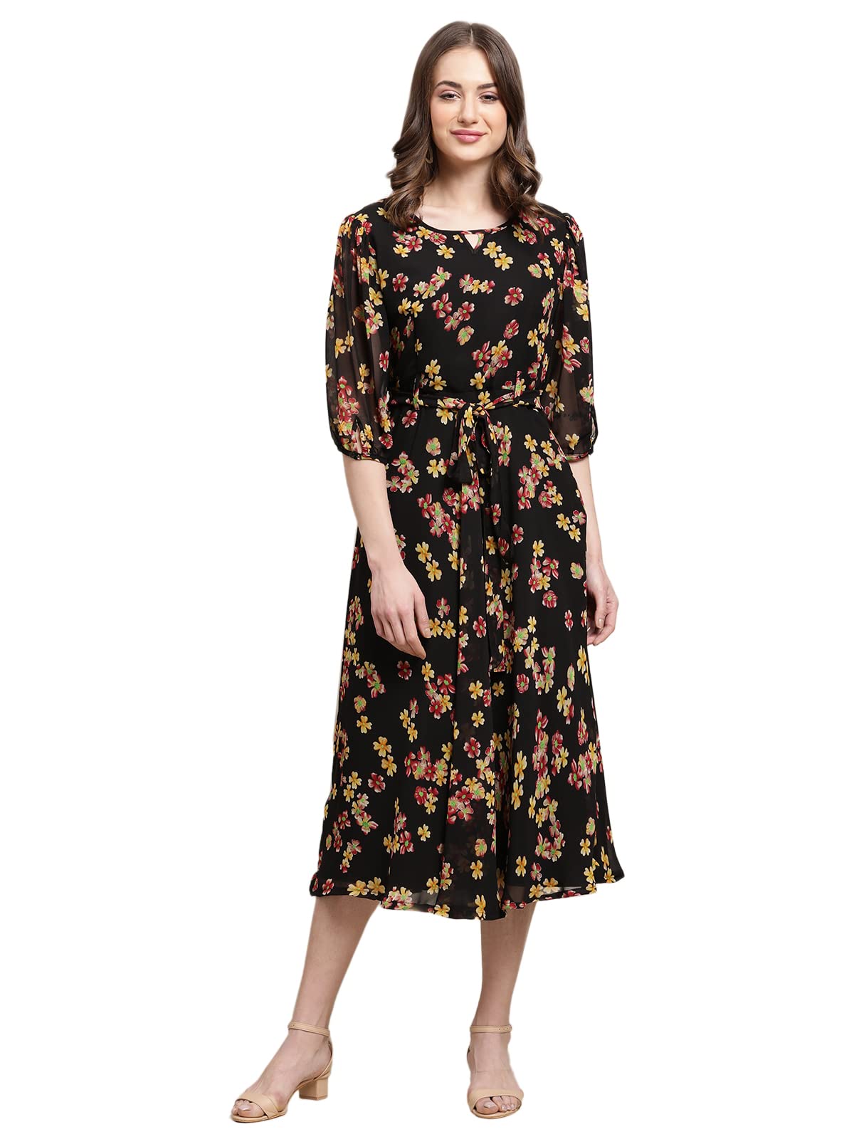 Preneum Womens Maxi Fit & Flare Latest Style Print Georgette Regular Sleeves Casual Summer Maxi Dress || Festival & Occasion, B