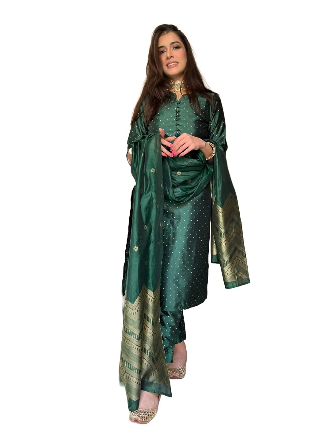 Gosriki WomenS Silk Blend Straight Embellished Kurta With Pant & Dupatta (Tapeta New Green_Xl-Go_Green_X-Large)