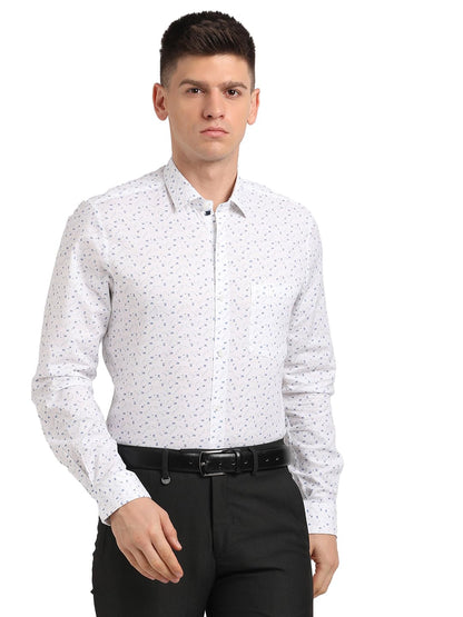 Turtle Men Cotton Linen Slim Fit White Printed Formal Shirt