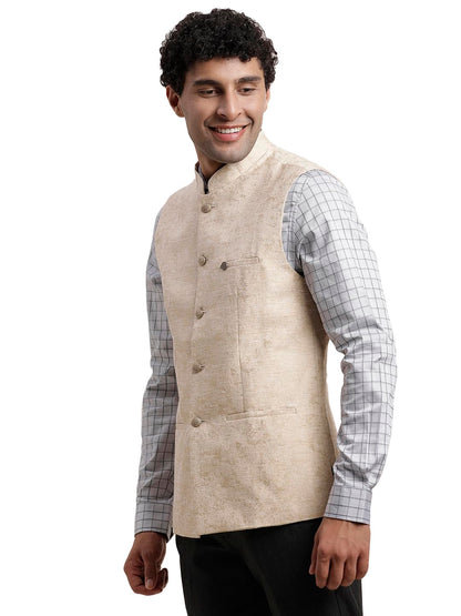 Turtle Men Terylene Rayon Beige Jacquard Party Nehru Jacket