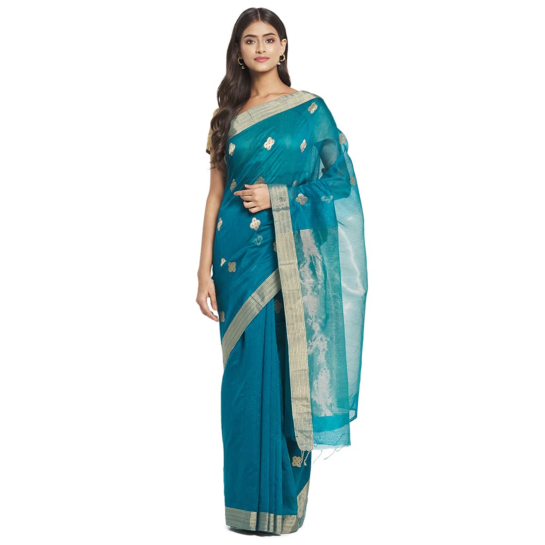 Fabindia Women Cotton Silk Chota Butta Sari Teal_Freesize