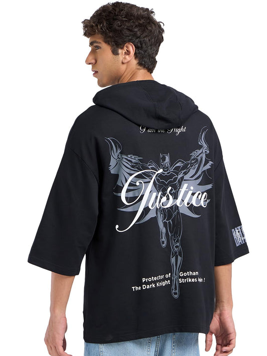 Bewakoof Official DC Merchandise Batman Mens Graphic Printed Oversized Fit Extended Sleeve Cotton Hooded T-Shirt_689745_Black_X