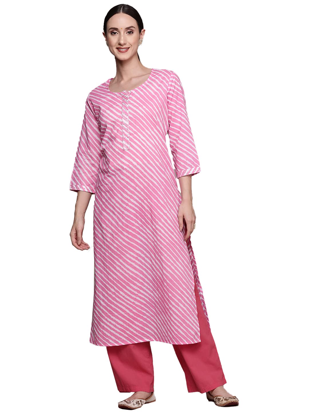 ishin Women's Cotton Blend Sea Green Leheriya Printed A-Line Kurta