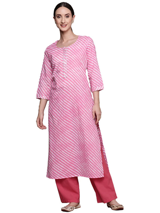 ishin Women's Cotton Blend Sea Green Leheriya Printed A-Line Kurta