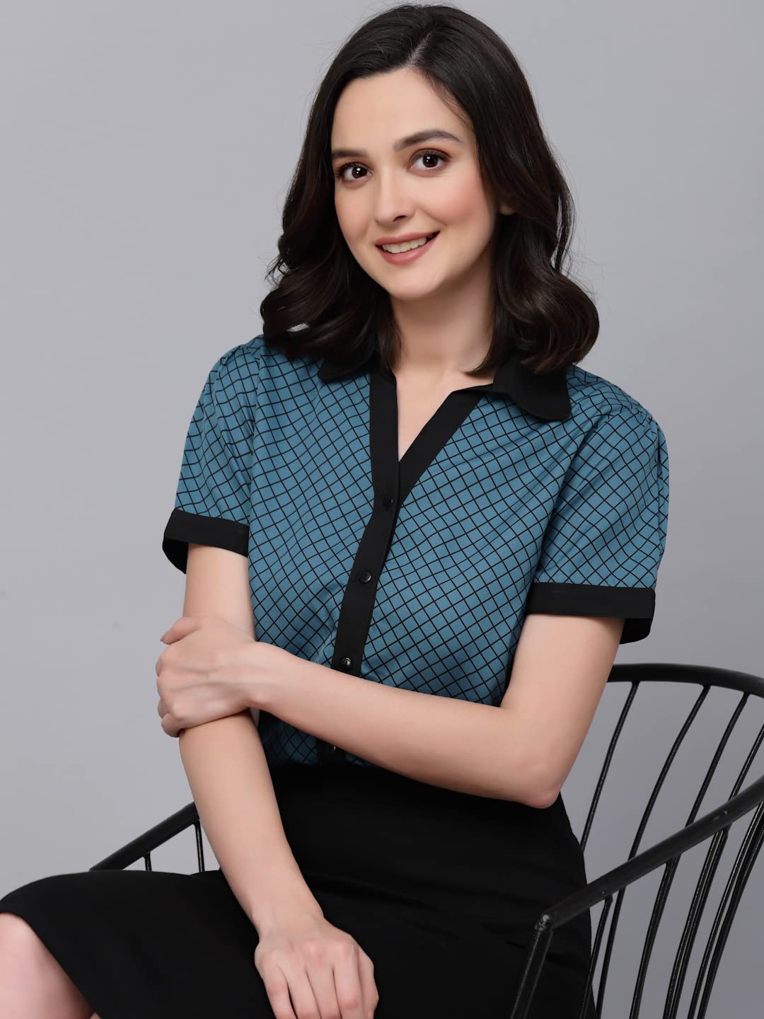 Style Quotient Women Teal and Black Printed Smart Casual Shirt
