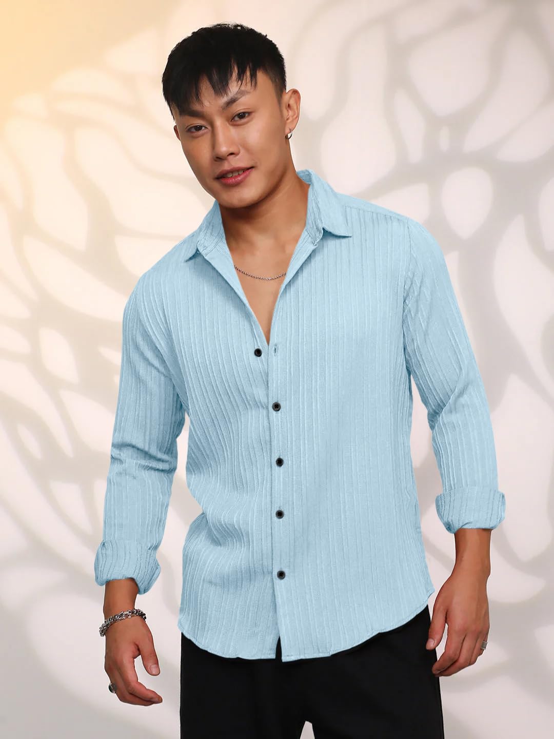 Finivo Fashion MenS Casual Cotton Striped Button Down Shirts Long Sleeve Textured Summer Beach Shirt For Men Sky Blue