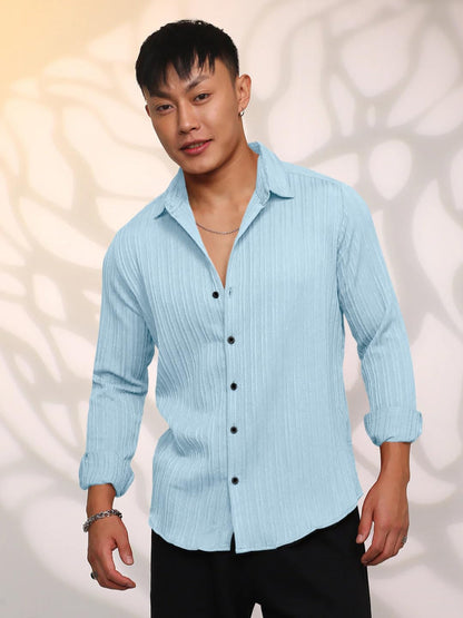 Finivo Fashion MenS Casual Cotton Striped Button Down Shirts Long Sleeve Textured Summer Beach Shirt For Men Sky Blue